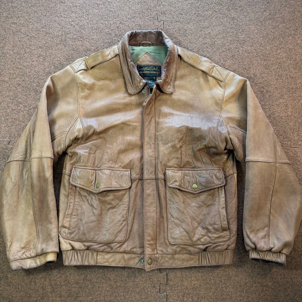 Eddie Bauer Leather Bomber Jacket Mens Medium Tan Brown Flight A-2 Style Vintage